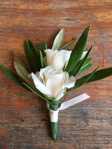 Olive Leaf Buttonhole, White Garden Rose Boutonniere, Ivory And Green Boutonniere, Olive Leaf Boutonniere, Bridal Bouquet Olive Leaves, White Lisianthus Boutonniere, Olive Boutonniere, Olive Leaves Bouquet, Olive Buttonhole