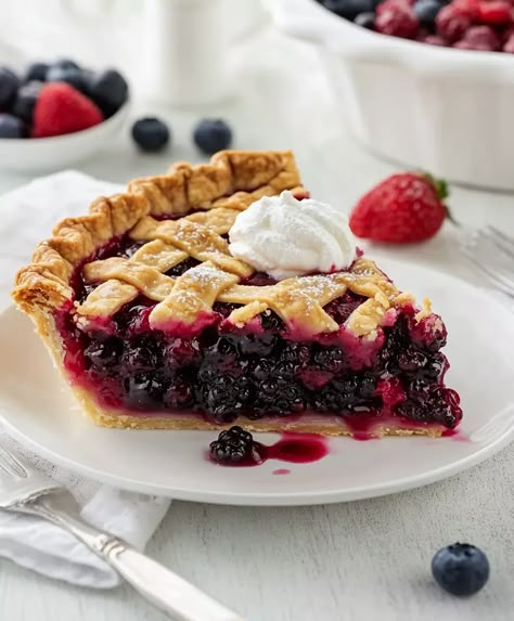 Triple Berry Pie Recipe - elianarecipes.com Berry Pie Recipe With Frozen Berries, Homemade Berry Pie, Berry Pie With Frozen Berries, Razzleberry Pie Recipe, Berry Cream Pie, Fruit Pie Recipes, Black Raspberry Pie, Blackberry Pie Recipe, Berry Pie Filling