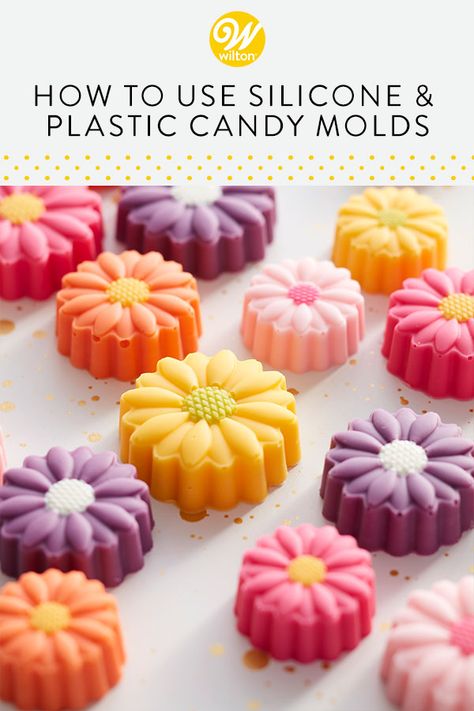 Making edible cake decorations or delicious toppers for cupcakes is easy when you know how to use candy molds to create delicious homemade candies. They’re an excellent way for beginner bakers to add personality and flavor to their baked treats with minimum effort. With hundreds of designs to choose from, you know there’s one to match your mood! #wiltoncakes #blog #blopost #candy #candymaking #gifting #candymolds #siliconemolds #howto #homemade #candymelts #nobake #semihomemade Candy For Molds Recipes For, Candy Molds Ideas Diy, How To Make Chocolate Candy In Silicone Molds, Silicone Mold Candy Recipes, Using Candy Melts In Molds, How To Use Candy Melts In Molds, How To Make Chocolate Molds, Candy Melts In Silicone Molds, Using Silicone Molds Chocolates