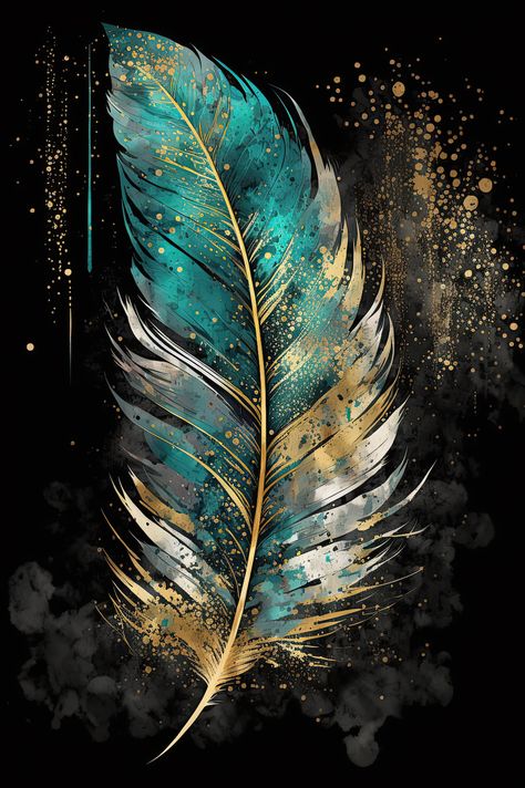 Metallic Canvas Painting, Paintings Of Feathers, Feather Painting Ideas, Teal Gold Bedroom, Cool Prints Art Wall Decor, Feather Acrylic Painting, Teal And Gold Bedroom, Feather Aesthetic, Feather Pictures