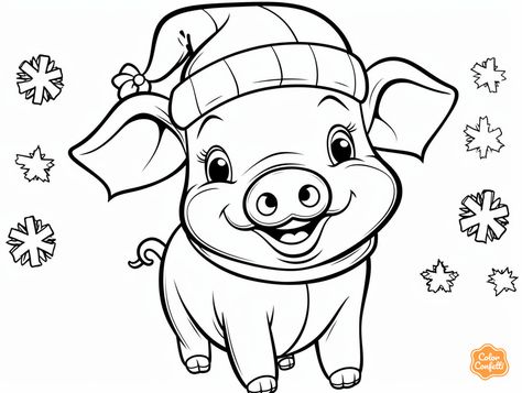 illustration of Christmas pig drawing to color, suitable for children Christmas Animal Coloring Pages, Drawing To Color, Pig Coloring Pages, Mandala Turtle, Pig Drawing, Christmas Horses, Horse Coloring Pages, Rock Ideas, Cute Pigs