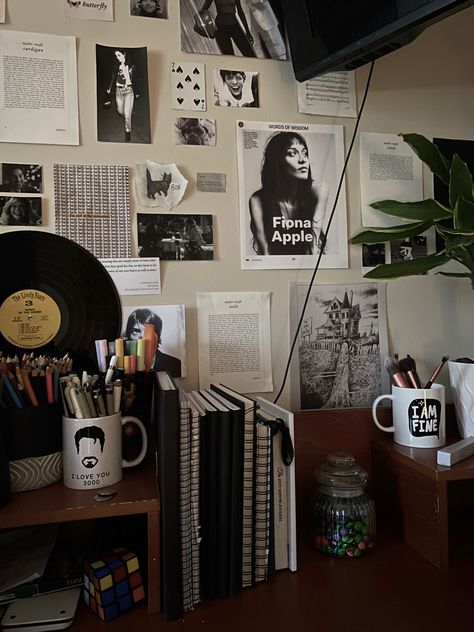 it is my desk Dark Academia Desk Organization, Black Desk Inspiration, Grunge Desk Aesthetic, Desk Ideas Grunge, Grunge Desk Setup, Art Desk Setup Ideas, Grunge Desk Ideas, Black Desk Aesthetic, Desk Organization Ideas Aesthetic