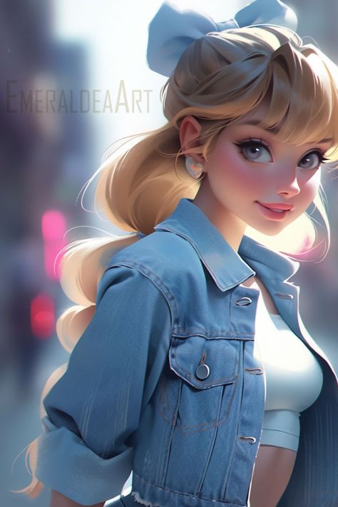 Modern Cinderella, wearing jeans, Disney Princess Cinderella Character Design, Modern Disney Princess, Modern Day Cinderella, Cinderella Characters, Modern Cinderella, Alternative Disney Princesses, Modern Disney Characters, Alternative Disney, Pop Art Women