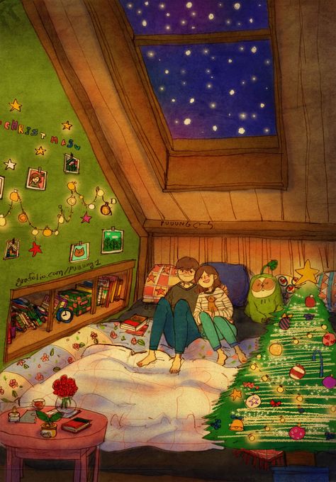 Celebrating Christmas Together Puuung Love Is, Image Couple, Illustration Photo, Couple Illustration, Love Illustration, Cute Couple Art, Korean Artist, Couple Drawings, Couple Cartoon