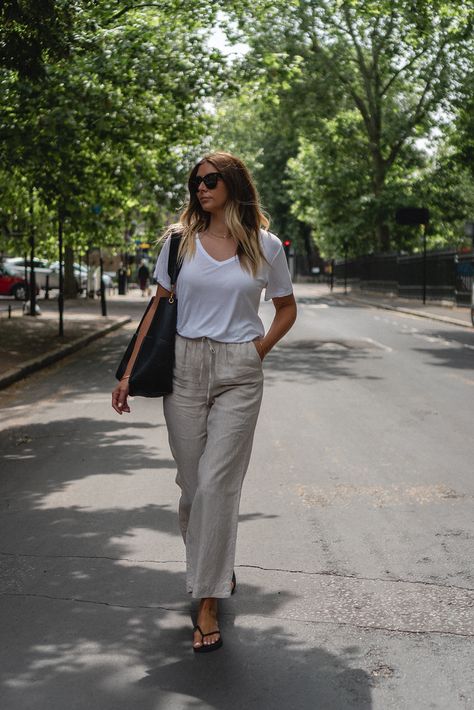 How To Wear Linen Pants, Celine T Shirt, Linen Pants Outfit Ideas, Linen Trousers Outfit, Beige Pants Outfit, Basics Outfit, Linen Shirt Outfit, Beige Linen Pants, Emma Hill