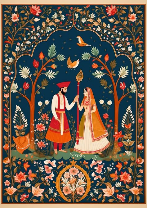 Indian traditional mughal pichwai art tapestry pattern adult. | premium image by rawpixel.com / juju. Mughal Art Illustrations, Indian Traditional Color Palette, Mughal Mood Board, Mughal Art Paintings Illustrations, Cultural Paintings, Mughal Patterns, Wedding Collaterals, Journal Aesthetics, Kalamkari Prints