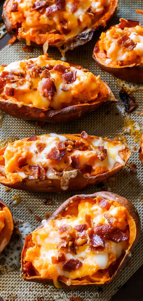 If you like potato skins, you have to try this sweet potato version! Healthy Superbowl Snacks, Sweet Potato Skins, Loaded Sweet Potato, Dinner Side, Potato Skins, Baked Potatoes, Potato Dishes, Game Food, Sweet Potato Recipes