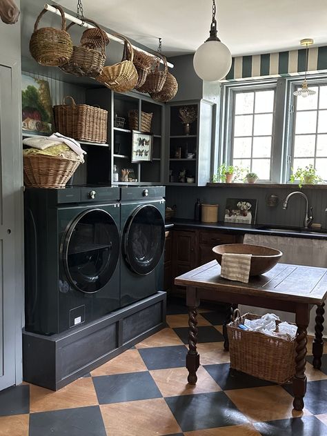 Laundry Room Reveal Hague Blue Laundry Room, Laundry Room And Guest Bedroom Combo, Laundry Room Garage Ideas, European Laundry Room, Cottage Core Laundry Room, Grey Laundry Room Ideas, Happy Laundry Room, Wallpapered Laundry Room, Navy Laundry Room