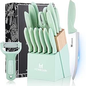 Howashin Knife Set With Block,15Pcs Knives Block Set,High Carbon German Stainless Steel Knife Set With Sharpener,Scissor and Peeler,Green Knife Block Set Stainless Steel Knife Set, Knife Block Set, Specialty Knives, Cutlery Sets, Sharpeners, Knife Set, Knife Sets, Knife Block, Kitchen Knives