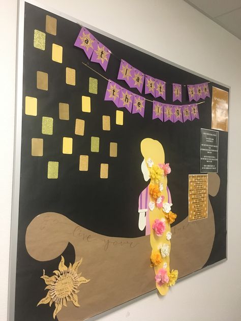 Princess Bulletin Board Ideas, Disney Princess Bulletin Board, Lantern Bulletin Board, Tangled Classroom Door, Tangled Themed Classroom, Rapunzel Bulletin Board, Rapunzel Classroom Theme, Tangled Door Decs, Tangled Bulletin Board