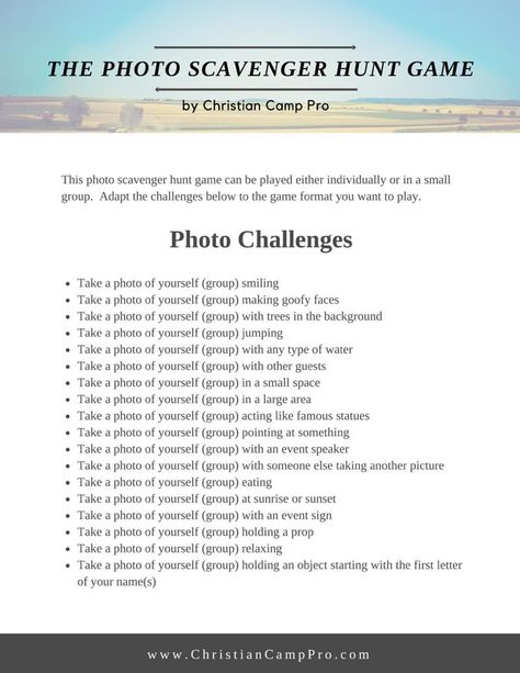 Photo Scavenger Hunt Game Photo Challenge Ideas, Picture Scavenger Hunts, Beach Scavenger Hunt, 30th Birthday Games, Scavenger Hunt Riddles, Birthday Games For Adults, Christian Camp, Scavenger Hunt Games, Goofy Face