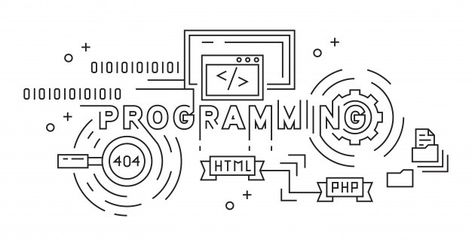 Programming monoline design concept | Premium Vector #Freepik #vector #background #business #abstract #design Programming Doodle, Linkedin Background Banner Technology, Developer Quotes, Light Bulb Drawing, Science Cartoons, Linkedin Background, Medical Student Motivation, Linkedin Banner, Graphic Design Programs