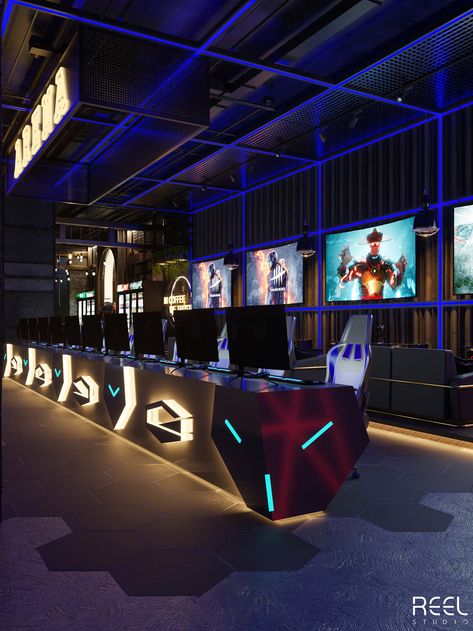 Gaming Lounge Design, Game Store Design, Gaming Cafe, Sport Bar Design, Game Lounge, Cafe Space, Game Room Lighting, Games Room Inspiration, Gaming Lounge