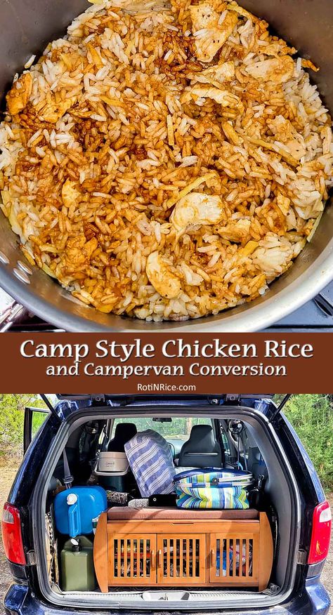 Quick and easy Camp Style Chicken Rice is comfort food in the wilderness. Also, tips on a no-built campervan conversion. | RotiNRice.com #chickenrice #campfood #campervanconversion Claypot Chicken Rice, Easy Camp, Wok Cooking, Campervan Conversion, Camp Style, Asian Chicken, Long Grain Rice, Asian Inspired Recipes, Easy Camping