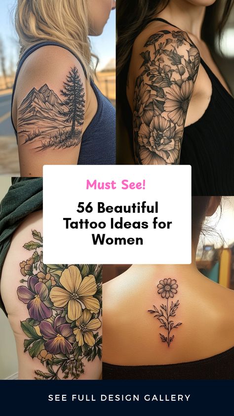 This pin showcases 4 trending tattoo designs for women, including mountain and tree tattoos, classy hip tattoos, sleeve tattoo ideas, and beautiful birth flower tattoos, perfect for inspiring your next tattoo choice. Trees And Flowers Tattoo, Mountain Tatoos Woman, Mother Nature Tattoos For Women, Cool Tree Tattoos, Mountain Tattoos For Women, Nature Themed Tattoos, Tree Tattoos For Women, Tattoo Generator, Design Your Own Tattoo