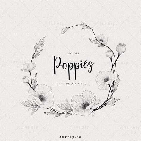 Wreath Tattoo, Poppy Wreath, Organic Logo Design, Planner Clipart, Flower Frame Png, Circle Tattoo, Poppies Tattoo, Wreath Clipart, Border Clipart