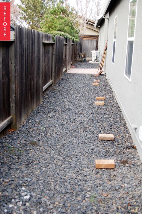 If you live in a typical suburban house, chances are good you have a side yard — a barren little strip of land between the side of the house and the fence covered in grass or rocks and probably not much else. Landscaping can be tough for these spaces, but this great idea to turn it into a garden will blow your mind! Side Yard Between Houses, Side Yards Ideas Narrow, Small Side Yard, Side Yard Ideas, Narrow Garden, Brick Path, Side Yard Landscaping, Side Yards, Suburban House