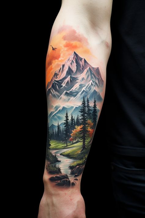 Forest Forearm Tattoo, Animal Sleeve Tattoo, Country Tattoos, Arm Sleeve Tattoos For Women, Nature Tattoo Sleeve, Taurus Tattoos, Landscape Tattoo, Forest Tattoos, Bear Tattoos