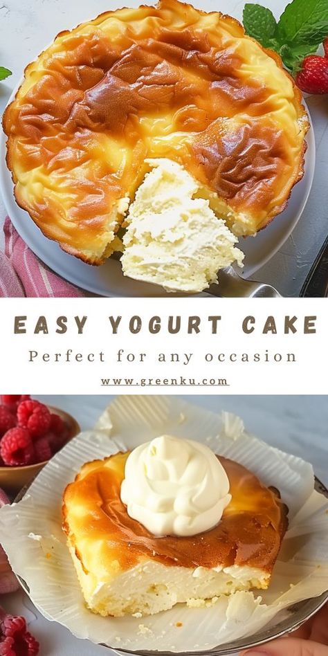 Easy Yogurt Cake Ingredients: 400 g sweetened plain yogurt or flavored yogurt (1 cup + 1/2 cup + 2 tablespoons) 4 eggs 40 g of sifted cornstarch (¼ cup + 1 tbsp) #YogurtCake #Fluffy Things To Make With Vanilla Yogurt, Dessert With Vanilla Yogurt, 3 Ingredients Yogurt Cake, Healthy Yoghurt Cake, 4 Ingredient Yogurt Cake, Easy Yogurt Dessert Recipes, Recipes That Use Vanilla Yogurt, Keto Dessert With Greek Yogurt, Baked Yogurt Dessert