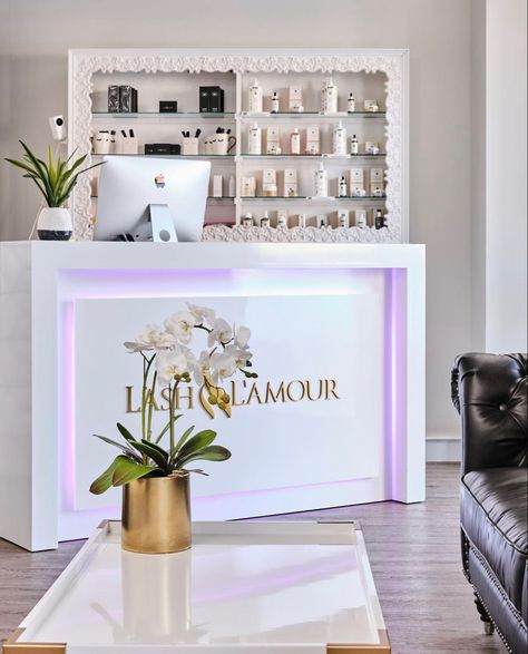 Best of Boston Lash Spa 2022 Lash Store Ideas, Nail Salon Reception Area, Spa Reception Design, Spa Reception Area, Lash Spa, Office Counter Design, Salon Reception Area, Parlour Design, Nail Salon Interior Design