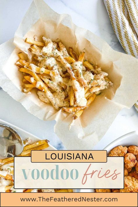 Louisiana Voodoo Fries are wildly flavorful, cheesy Cajun ranch fries no one can resist! Make your own right at home in just 30 minutes. Gravy French Fries, French Fry Cheese Sauce, French Fry Meal Ideas, Different Poutine Recipes, Loaded French Fry Recipes, Frozen Fry Recipes, Loaded Fries Sauce, Wing Stop Voodoo Fries Recipe, Gravy Fries Recipes