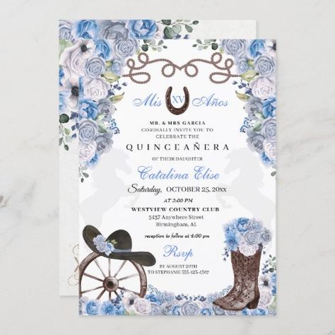 Quinceañera Invitations & Invitation Templates | Zazzle Charro Quince Decorations, Boots Quinceanera, Quince Charro, Royal Blue Quince, Charro Quince, 15th Birthday Party Ideas, Sweet Fifteen, Birthday Fiesta, Horse Cowboy