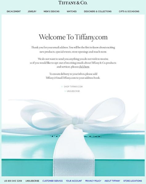 Tiffany & Co. welcome email design example Welcome Email Design, Mailing Design, Birthday Email, Newsletter Layout, Shein Gift Card, Welcome Emails, Email Marketing Design Inspiration, Email Template Design, Email Marketing Template