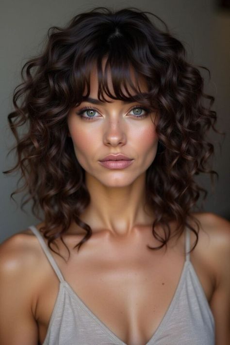 26 Curly Haircuts with Bangs for 2025 – Glam Trove Up Do With Bangs Hairstyles, Formal Curly Hairstyles With Bangs, Curly Hair With Curtain Bangs And Layers, Bangs For Round Face Curly Hair, 2c 3a Haircut, Curly Long Hair With Bangs, Medium Curly Haircuts With Bangs, Modern Curly Shag, Medium Curly Hair With Bangs