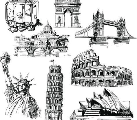 Monuments Sketches, Architecture Vector, Pencil Drawing Inspiration, Stippling Art, Famous Monuments, Famous Buildings, Architecture Drawing Art, Travel Sketches, Architectural Sketch