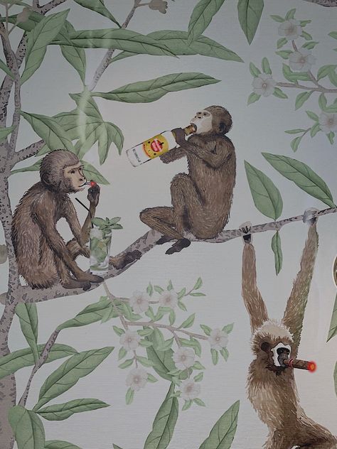 Drunken Monkey Wallpaper, Funny Bathroom Wallpaper, Indian Circus, Wallpapers House, Monkeys Wallpaper, Quirky Wallpaper, Bar Background, Wallpaper Powder Room, British Colonial Decor