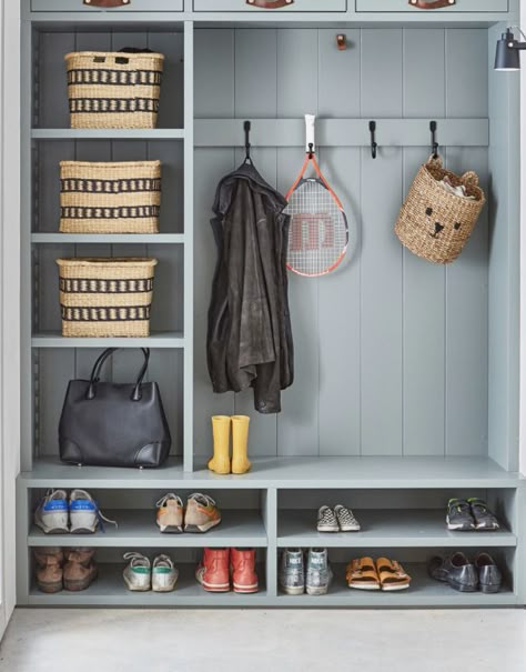 Small Boot Room, Mudroom Hallway, Boot Room Utility, Small Mudroom Ideas, Utility Room Designs, Mudroom Remodel, Entry Closet, Mud Room Entry, Coat Storage