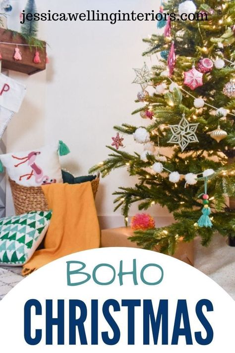 Colorful Boho Christmas Living Room Tour! Retro Boho Christmas, Boho Christmas Living Room, Colorful Modern Living Room, Modern Christmas Table, Simple Christmas Ideas, Holiday Gift Wrapping Ideas, Christmas Decor Simple, Modern Christmas Wreath, Christmas Tree Modern