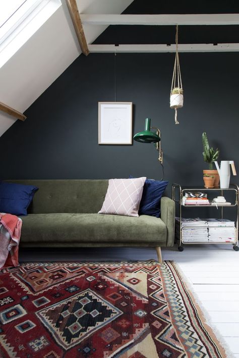 Grey Living Room With Color, Livingroom Paint Colors, Velvet Daybed, Basement Rec Room, Bohemian Decorating, European Interior Design, Upholstery Sofa, Interior Design Career, Dark Green Walls