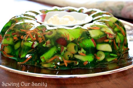 Sewing our Sanity: Green Jello Salad Recipe - A Family Favorite? Green Jello Salad, Jelly Salad, Lime Jello Salads, Congealed Salad, Green Jello, Vintage Jello Molds, Vegetable Salad Recipes, Resep Salad, Jello Salad