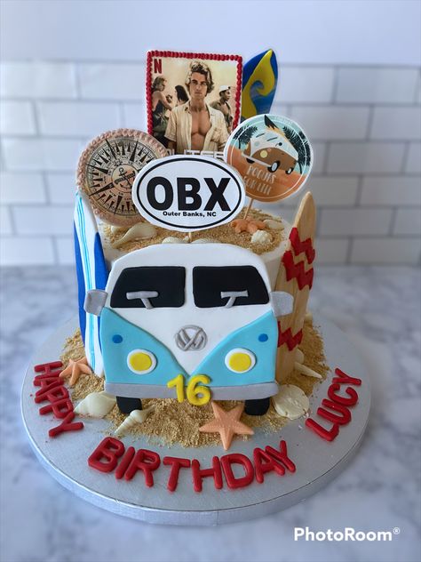 Edible images and fondant details Outer Banks Birthday Cookies, Outer Banks Cupcakes, Outerbanks Birthday Cake, Obx Outer Banks Birthday Cake, Edible Image Cake Ideas, Outer Banks Cake Ideas, Outerbanks Birthday Theme, Bank Cake Ideas, Outer Banks Birthday Cake