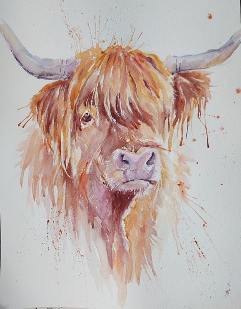 Highland Cow Watercolour, Watercolour On Canvas, Water Colour Ideas, Animal Watercolour, Highland Cow Painting, Green Artwork, Nursery Watercolor, Animals Watercolor, Cow Painting