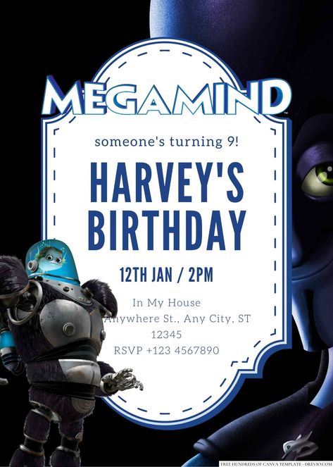 Download Now 18+ Megamind Canva Birthday Invitation Templates Planning a Megamind-themed birthday party for your little one? Don't forget the invitations! With their unique designs and easy customization options on Canva, Megamind birthday invitations are the pe... Download this invitation for FREE at https://www.drevio.com/18-megamind-canva-birthday-invitation-templates Canva Templates, Birthday Party Themes, Little One, Birthday Invitations, Invitation Template, Don't Forget, Unique Designs, Birthday Party, For Free