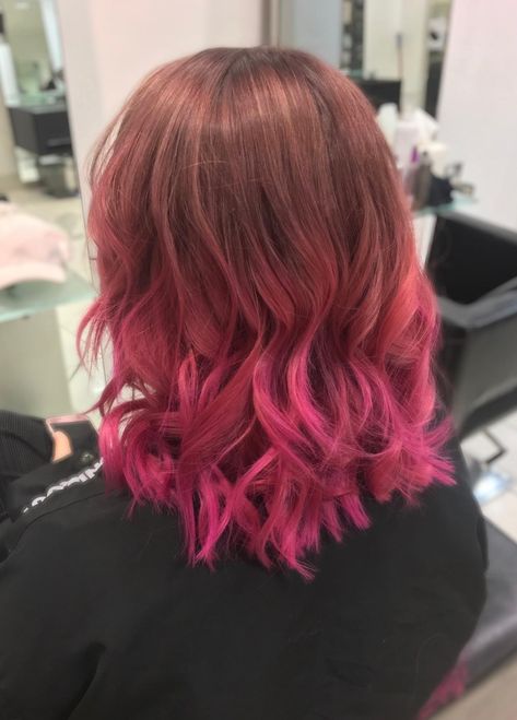 Bright Pink Balayage Curls by Nate @ Ginger, Bromsgrove UK Short Hair With Pink Ends, Bright Pink Balayage, Hot Pink Balayage, Black Hair Pink Highlights, Balayage Curls, Dyed Ends Of Hair, Short Light Brown Hair, Pink Hair Streaks, Red Bob Hair