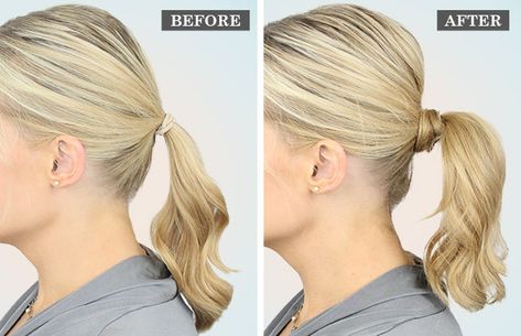 How To Pimp Up Your Ponytail! | Beauty and the Boutique Easy High Ponytail Hairstyles Medium, Classy Ponytail Hairstyles Simple, Poofy Ponytail Tutorial, Interview Ponytail Hairstyles, How To Hide A Ponytail Holder, How To Wear A Ponytail, Dressy Ponytail Hairstyles For Medium Length, Professional Ponytail For Work, How To Ponytail Hairstyles