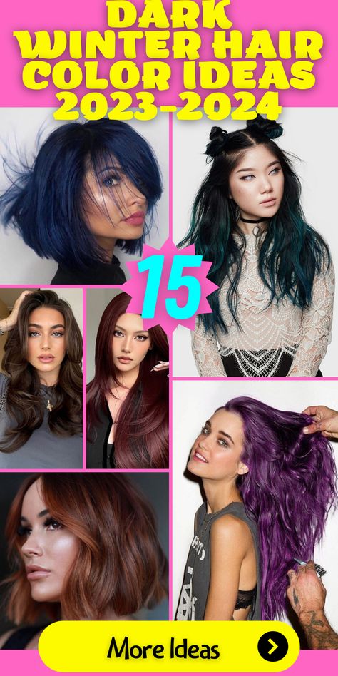 Winter Hair Transformation: 2023-2024 Trends: Transform your look with the latest 2023-2024 winter hair trends, featuring deep and dark shades. Brunettes can opt for fall balayage, while blondes can experiment with rich tones. Explore short hairstyles and find the perfect shade for your skin tone. Dive into deep purple and chocolate brown hues. Learn how to style your hair, whether it's short, medium, or long, with added bangs for a trendy touch. Dark Vivid Hair Color, Plum Violet Hair, Deep Plum Hair, Bronze Hair Color, Espresso Hair Color, Charcoal Hair, Midnight Blue Hair, Fall Balayage, Winter Hair Trends