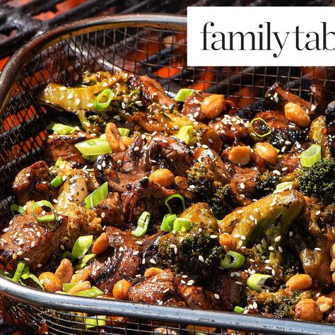 Grill-Basket Beef and Broccoli | Recipe Rotisserie Grill Basket Recipes, Rotisserie Basket Recipes, Grill Basket Recipes, Beef And Broccoli Recipe, Entertaining Dishes, Honey Roasted Peanuts, Rotisserie Grill, Metal Grill, Grill Basket