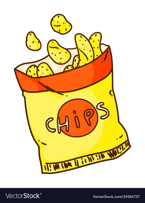 Bag Of Chips Illustration, Chip Bag Drawing, Bag Of Chips Drawing, Chips Cartoon, Snack Cartoon, Lays Chips, Crunchy Potatoes, Inktober 2024, Simple Sketches