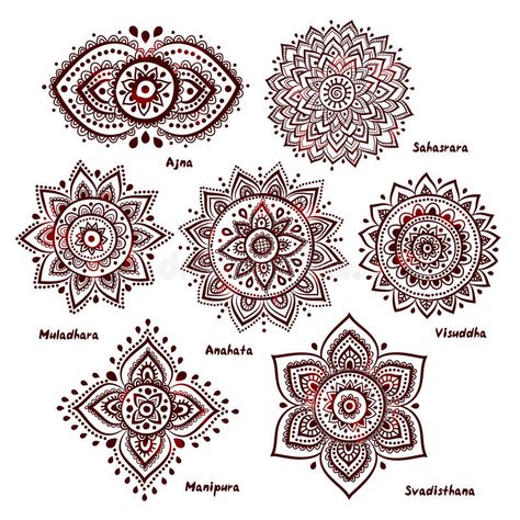 Set of 7 chakras stock vector. Illustration of aura, ajna - 41253317 Mandala Arm Tattoo, Dotwork Tattoo Mandala, Henne Tattoo, Chakra Tattoo, Yoga Tattoos, Mandala Tattoo Design, Henna Tattoo Designs, Hand Tattoo, 7 Chakras