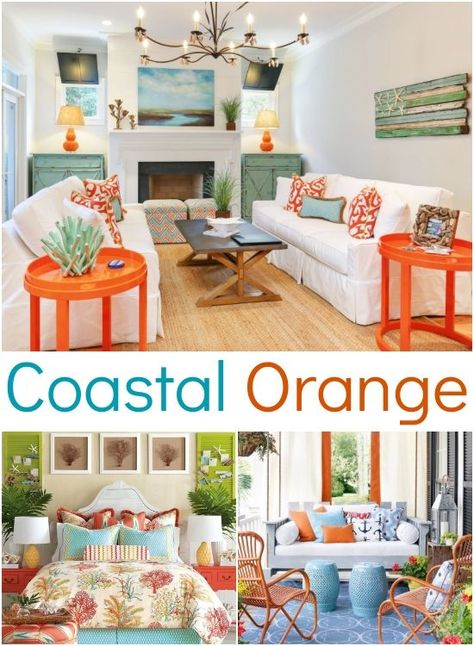 Coastal Orange Decor Ideas Coral Color Beach Decor, Blue And Orange Coastal Decor, Pops Of Orange Decor, Coral And Turquoise Living Room, Orange And Aqua Bedroom, Orange Coastal Decor, Coral Coastal Living Room, What Colors Go With Coral, Colorful Beach House Living Room