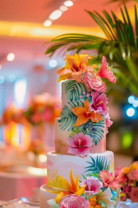 Light up your reception with 28 colorful tropical wedding cakes, each a festive celebration of tropical hues and flavors. Perfect for couples who want their wedding cake to spark joy and celebration. #ColorfulCelebrations #FestiveTropicals Tropical Themed Wedding Cake, Tropical Cake Decoration, Tropical Cake Flavors, Luau Cake Table, Tropical Flower Cake, Hawaiian Cake Ideas, Tropical Cake Ideas, Tropical Party Cake, Tropical Wedding Cakes