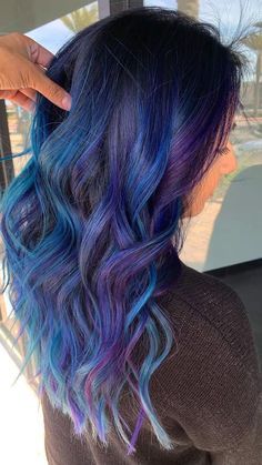 Purple Blue Highlights Brown Hair, Blue And Purple Hair Highlights, Purple Blue Highlights, Purple Brown Hair, Purple Hair Highlights, Baylage Hair, Blue Black Hair, Purple Highlights, Blue Highlights