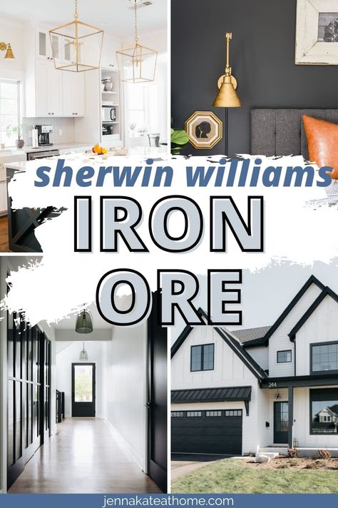 SW Iron Ore is the perfect modern, moody, almost black paint color. It's perfectly suited for doors, exterior trim, kitchen islands and cabinet and even for a statement accent wall. Best Black Trim Paint Color, Best Black Paint Color For Exterior Door, Best Farmhouse Black Paint Color, Board And Batten Wall Iron Ore, Black Exterior Trim Colors, Best Exterior Black Paint Color, Best Black Paint Color For Accent Wall, Black Paint Colors For Front Door, Perfect Black Paint Color