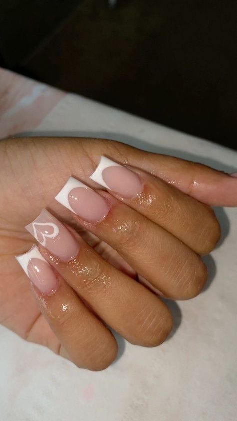 French Yup Nails, Pink Cdg Nails, French Tip Nails With Heart, Finger Extensions, Plain Acrylic Nails, Holiday Acrylic Nails, Tapered Square Nails, Plain Nails, Girly Acrylic Nails