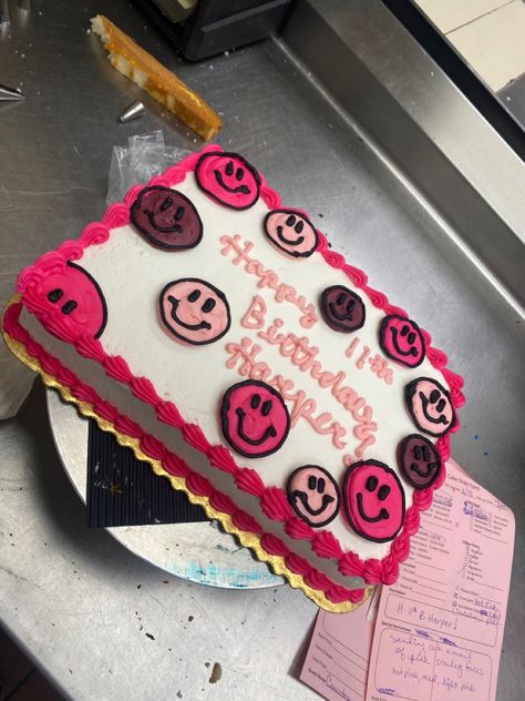 Preppy Sheet Cake, Preppy Birthday Party Cake, Smiley Face Sheet Cake, Pink Smiley Face Cake, Pink Sheet Cake, Preppy Birthday Cake, Smiley Face Cake, Pink Birthday Theme, Summer Birthday Cake