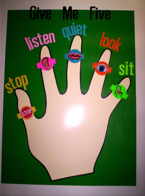 for the classroom. "Give Me Five" Give Me Five Classroom Rules, Classroom Rules Craft, Art Classroom Rules, Classroom Rules Poster, Classroom Charts, School Kids Crafts, Diy Classroom Decorations, School Board Decoration, Kindergarten Classroom Decor